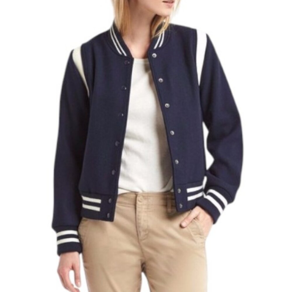 Gap navy blue and white wool blend varsity jacket size XS